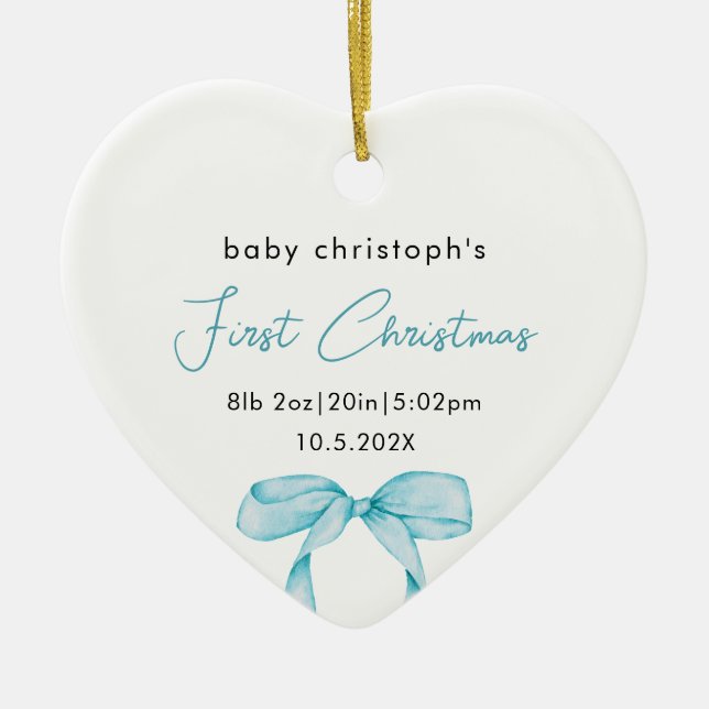 Baby's First Christmas Birth Stats Foto Bow Keramik Ornament (Vorne)