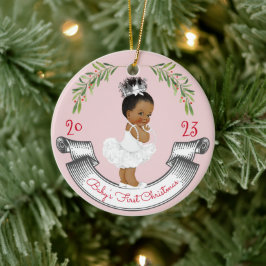 Baby's First Christmas Black Hair Crown Pink & Red Keramik Ornament