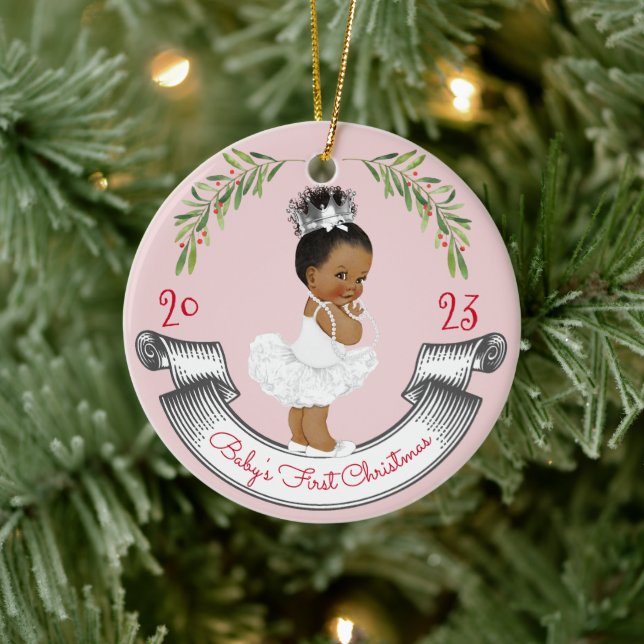 Baby's First Christmas Black Hair Crown Pink & Red Keramik Ornament (Baum)
