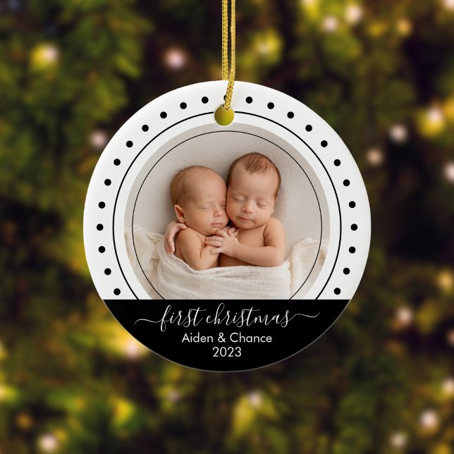 Baby's First Christmas Black, White Dots Keramik Ornament (Modern Custom Photo Ornament)