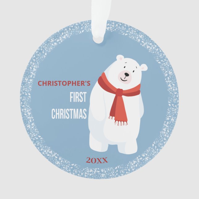 Baby's First Christmas Blue Niedlich Polar Bär Ornament (Vorderseite)