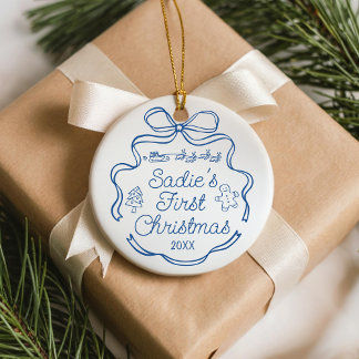 Babys First Christmas Blue Ribbon Whimsical Doodle Keramik Ornament