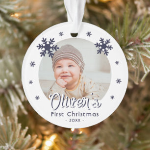 Baby's First Christmas Blue Snowflakes Foto Ornament