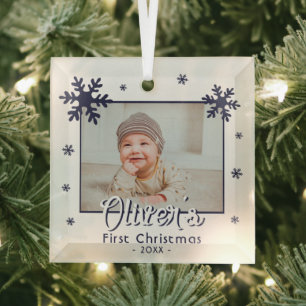 Baby's First Christmas Blue Snowflakes Foto Ornament Aus Glas
