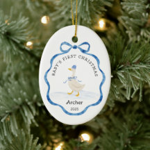 Babys First Christmas Blue Watercolor Ribbon Goose