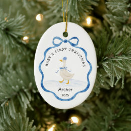 Babys First Christmas Blue Watercolor Ribbon Goose Keramik Ornament