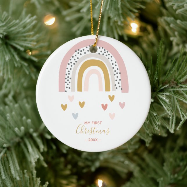 Baby's First Christmas Boho Rainbow Foto Keramik Ornament (Baum)