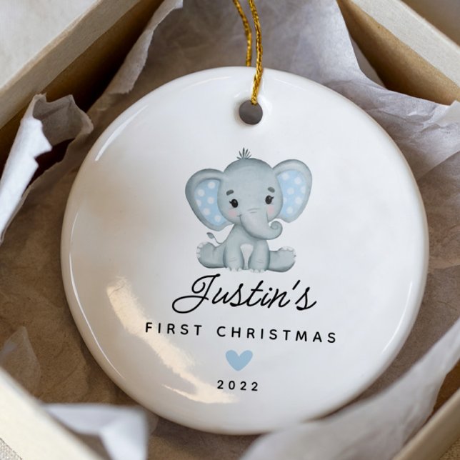 Baby's First Christmas Boy Elephant 2 Sided Foto Keramik Ornament (Von Creator hochgeladen)
