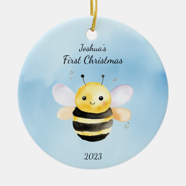 Baby's First Christmas BumbleBee Blue Personalisie Keramik Ornament (Vorne)