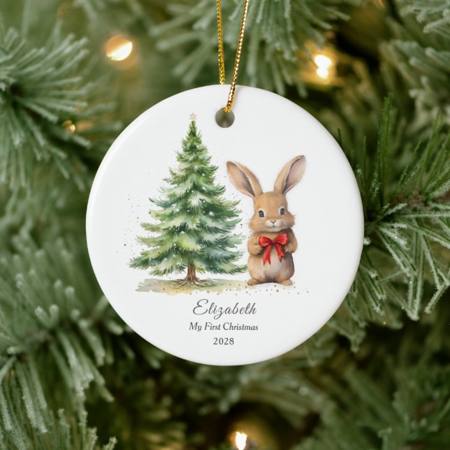 Baby's First Christmas Bunny Personalisiertes Foto Keramik Ornament (Baum)
