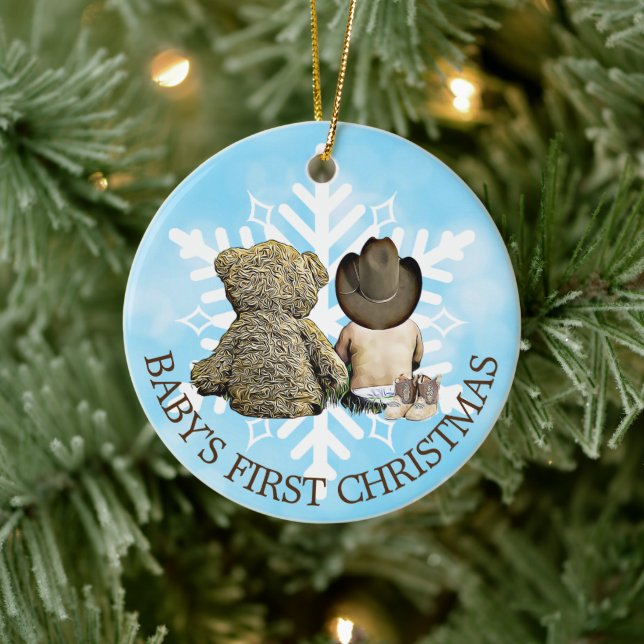 Baby's First Christmas Cowboy und Teddy Bear Keramik Ornament (Baum)