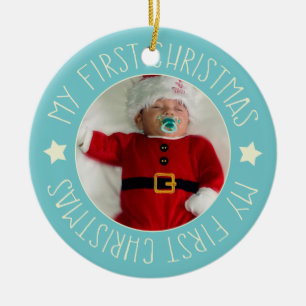 Baby's First Christmas Custom Foto Blue Keramik Ornament