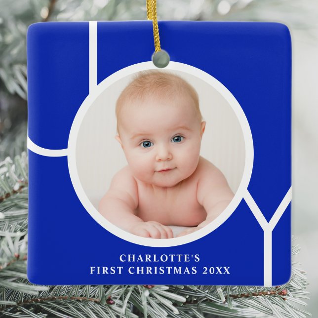 Baby's First Christmas Custom Foto Blue Keramikornament (Von Creator hochgeladen)
