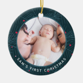 Baby's First Christmas Custom Foto Modern Spruce Keramik Ornament