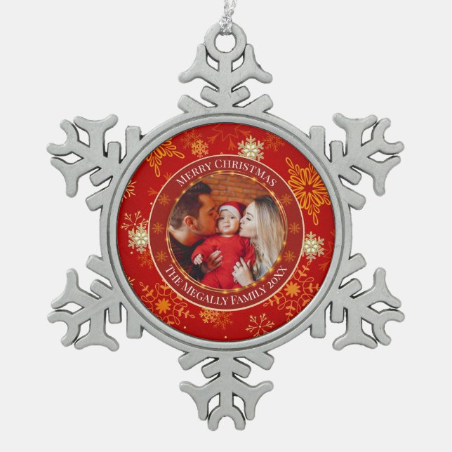 Baby's First Christmas Custom Name Photo Keepsake Schneeflocken Zinn-Ornament (Vorderseite)