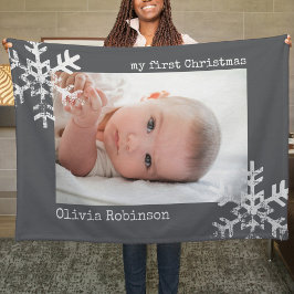 Baby's First Christmas Dark Gray Foto Snowflakes Fleecedecke