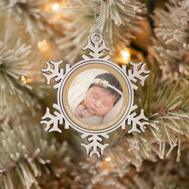 Baby's First Christmas Elegant Foto Schneeflocken Zinn-Ornament (Baum)