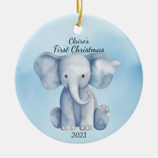 Baby's First Christmas Elephant Blue Personalisier Keramik Ornament