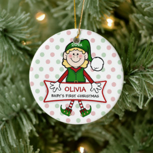 Baby's First Christmas Elf Girl Keramikornament