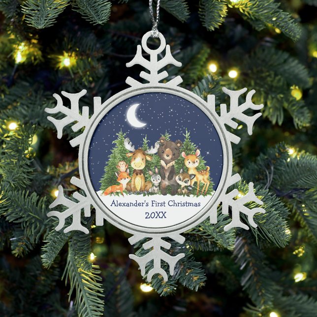 Baby's First Christmas Forest Animals Blue Schneeflocken Zinn-Ornament (Customize with name and year.)