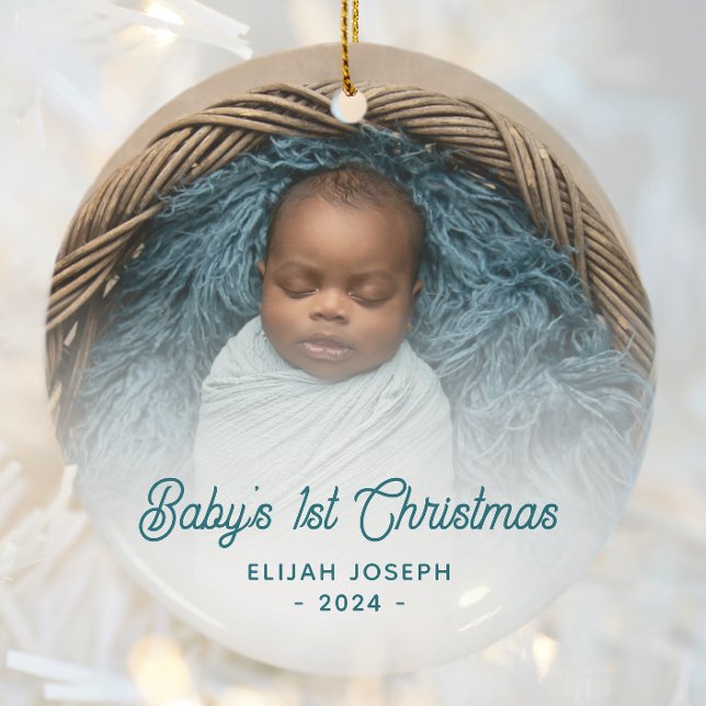 Baby's First Christmas Foto Aquamarin Retro Script Keramik Ornament (Von Creator hochgeladen)