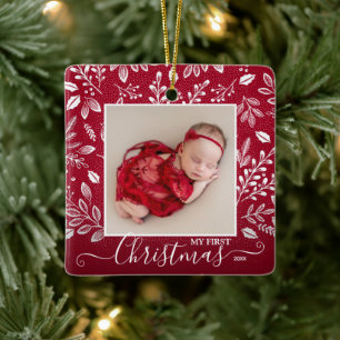 Baby's First Christmas Foto auf Cranberry Keramikornament