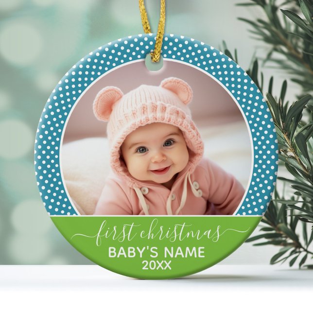 Baby's First Christmas Foto - Blau Limon Keramikornament (Personalized Photo Ornament - Baby's First Christmas)