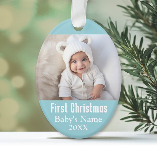 Baby's First Christmas Foto - Blue Boy Hintergrund Ornament (Personalized First Christmas Ornament)