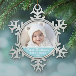 Baby's First Christmas Foto - Blue Boy Hintergrund Schneeflocken Zinn-Ornament