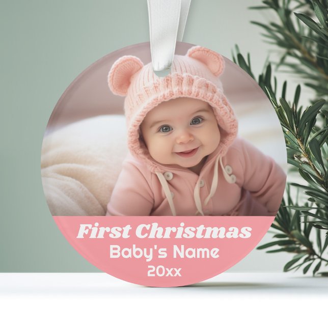 Baby's First Christmas Foto - Blue Girl Pink Ornament (Personalized Photo Ornament)