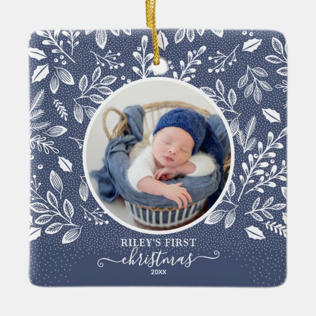 Baby's First Christmas Foto Blue Keramikornament (Vorderseite)