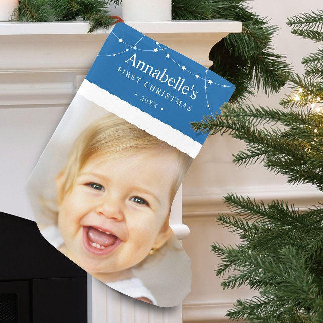 Baby's First Christmas Foto Blue Kleiner Weihnachtsstrumpf (Baby's First Christmas Photo Blue Small Christmas Stocking)