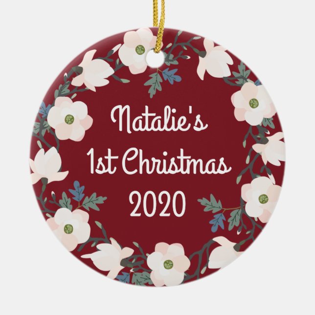 Baby's First Christmas Foto Blumenreath Keramik Ornament (Vorne)