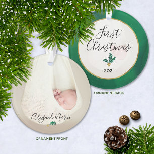 Baby's First Christmas Foto Green & Gold Holly Ornament