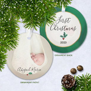 Baby's First Christmas Foto Green & Red Holly Ornament