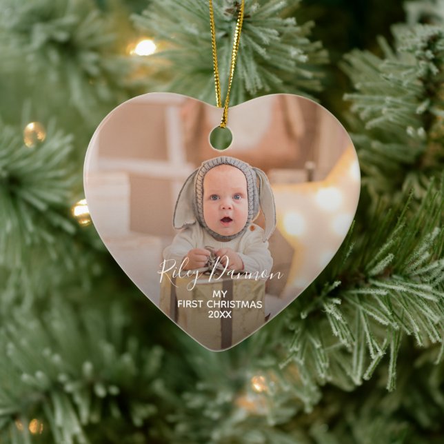 Baby's First Christmas Foto Heart Keramik Ornament (Baum)
