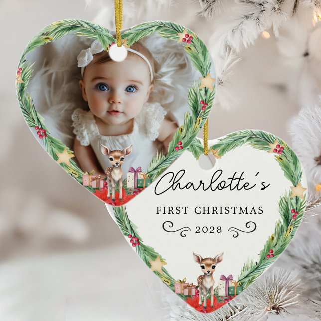 Baby's First Christmas-Foto-Heart-Rentier Keramik Ornament (Baby's First Christmas–Photo-Heart-Reindeer Ceramic Ornament)