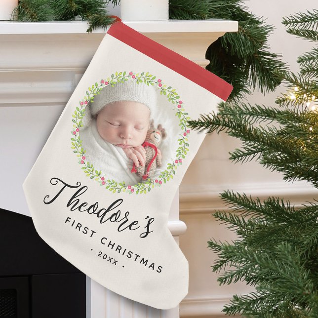Baby's First Christmas Foto Kranz Name Keepake Kleiner Weihnachtsstrumpf (Baby's First Christmas Photo Wreath Name Small Christmas Stocking)
