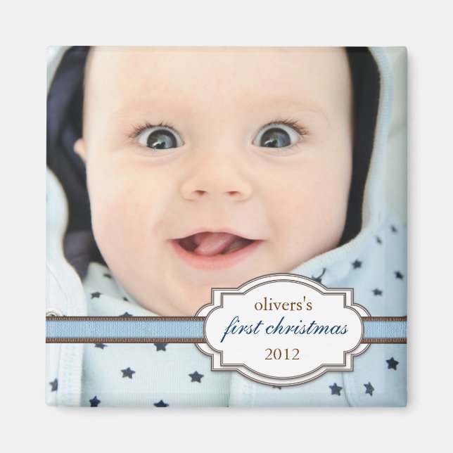 Baby's First Christmas Foto mit Imitaten Ribbon Bl Magnet (Vorne)