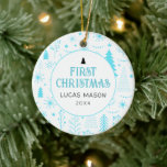 Baby's First Christmas Foto Modern Keramik Ornament<br><div class="desc">Baby's First Weihnachtsfeiertag Dekoration. Weihnachtsbaum,  Grünpflanzen,  Schneeflocken,  Babyblauer mit Platz für Babynamen,  Jahr und Ihr Lieblings-Foto auf der Rückseite.</div>