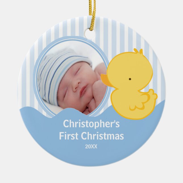 Babys First Christmas Foto Ornament Duck Boy (Vorne)
