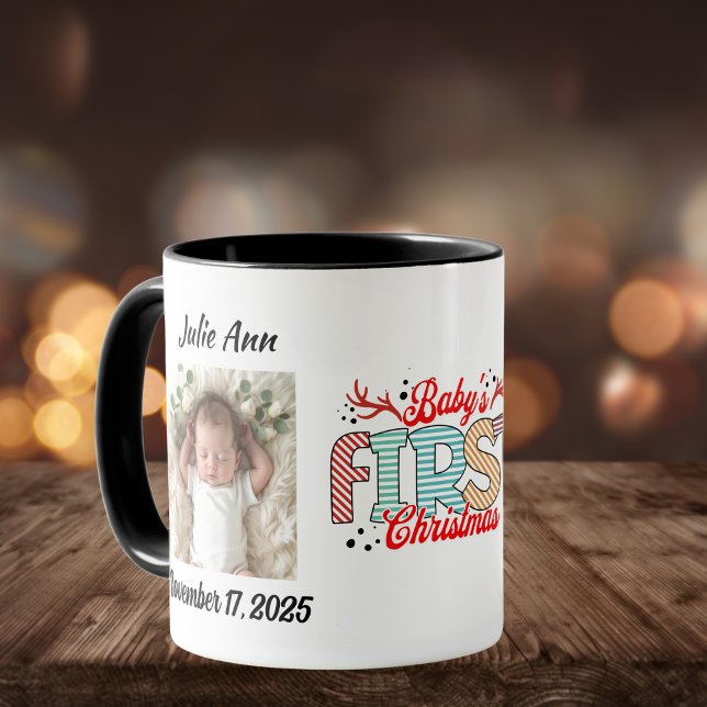 Baby's First Christmas Foto personalize Tasse (Baby's First Christmas, Elegant graphic and photo placement of your baby.)