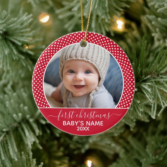 Baby's First Christmas Foto Polka Dot Calligraphie Keramik Ornament (Baum)