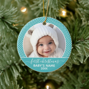 Baby's First Christmas Foto Polka Dot Calligraphie Keramik Ornament