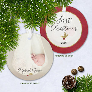Baby's First Christmas Foto Red & Gold Holly Ornament