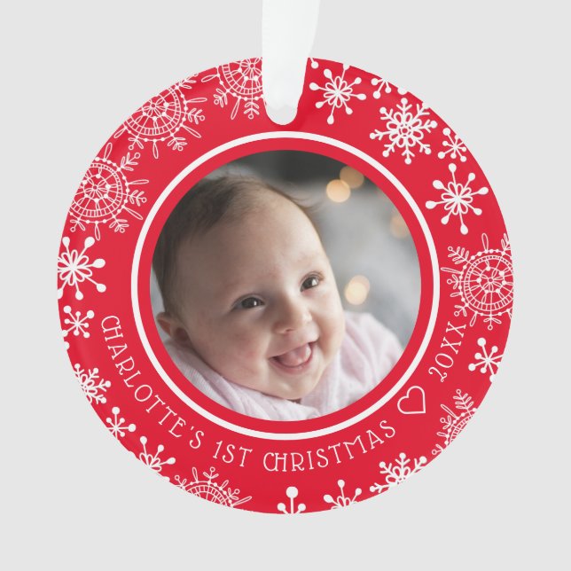 Baby's First Christmas Foto Snowflakes Red Ornament (Vorderseite)