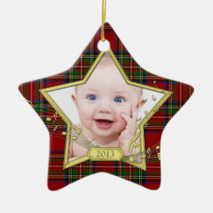 Baby's First Christmas Foto Star Tartan Xmas Keramikornament
