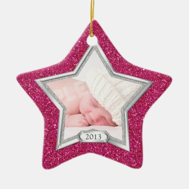 Baby's First Christmas Foto Xmas Silver Pink Star Keramikornament (Vorne)