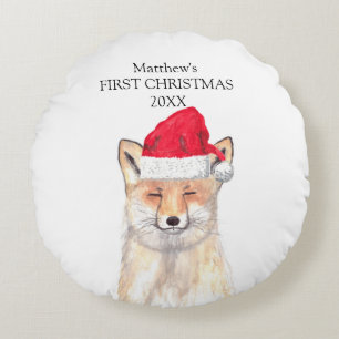 Baby's First Christmas Fox Watercolor Forest Boy Rundes Kissen
