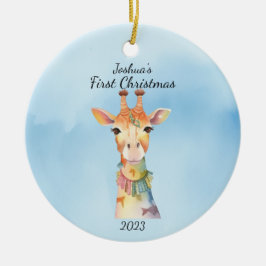 Baby's First Christmas Giraffe Blue Personalisiert Keramik Ornament